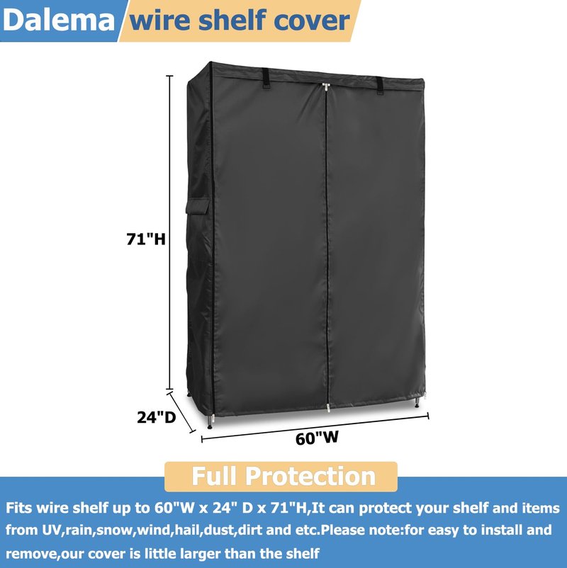 Dalema Wire Rack Covers,Heavy Duty 600D Dustproof Waterproof Storage Rack Covers for Metal Shelves,Storage Shelf Cover with Zipper for Wire Shlef,60''W x 24''D x 71''H,Black with Clear Front
