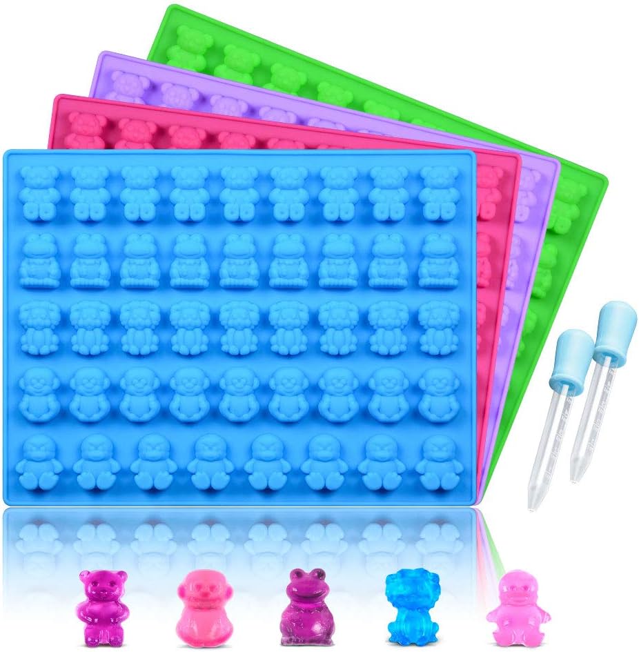 Silicone Candy Gummy Bear Molds - Premium 4-Pack with Bears, Frogs, Lions & Monkeys | Includes 2 Droppers