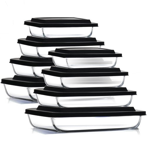 EATEX 16-Piece Deep Glass Casserole Dishes for Oven with Plastic Lids, Glass Baking Dishes for Oven, Rectangular Bakeware for Lasagna, Cooking, Leftovers, Kitchen, Freezer to Oven Dishwasher Safe