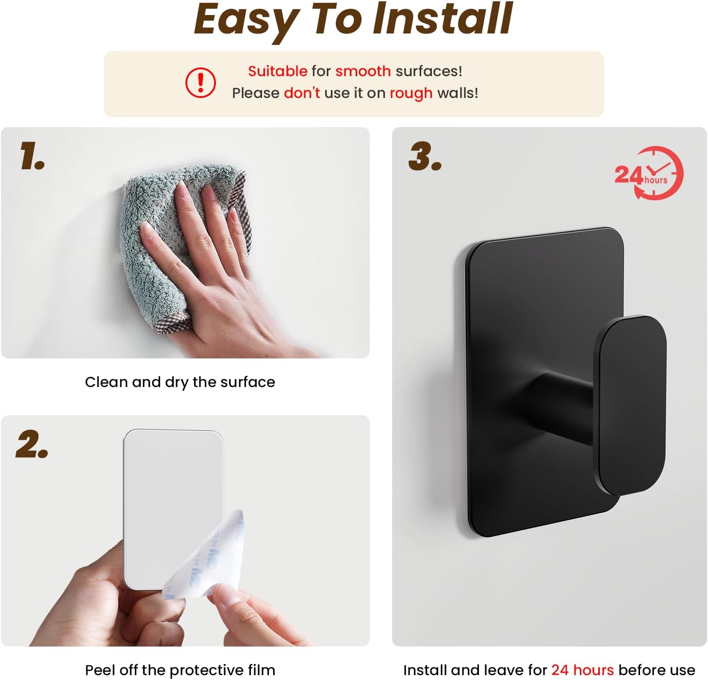 Skiennix Heavy Duty Self-Adhesive Hooks - 26lb Max Capacity, Waterproof & Rustproof for Bathroom | 4 Pack (Black)