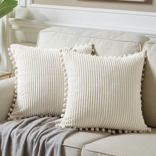 Fancy Homi Boho Decorative Throw Pillow Covers - Soft Corduroy Accent Cushion Set (Pack of 2, 18x18 Inch, Cream)