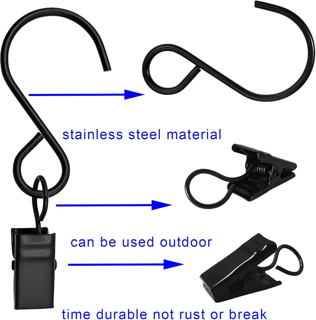 Stainless Steel S Hooks - 50 Pack Curtain Clips for Hanging Lights & Art Displays | 3 Inch, Black
