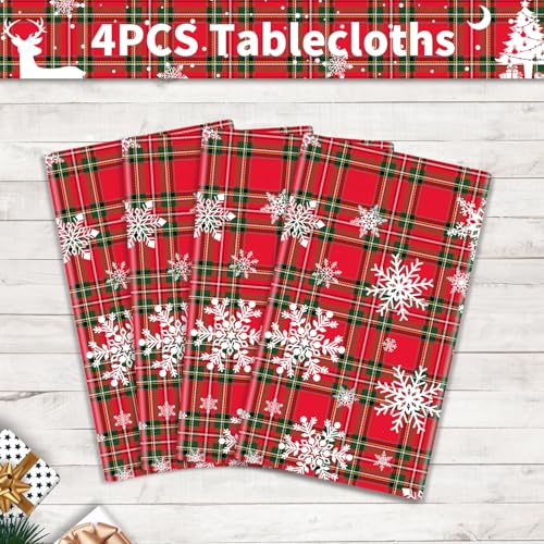 TJYJOY 4 Pack Christmas Tablecloths Red Green Plaid Snowflake Holiday Party Decor 51x86 Inch