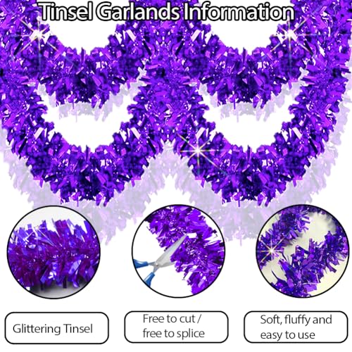 33ft Purple Metallic Tinsel Garland, 3.5-Inch Thick Holiday Decor