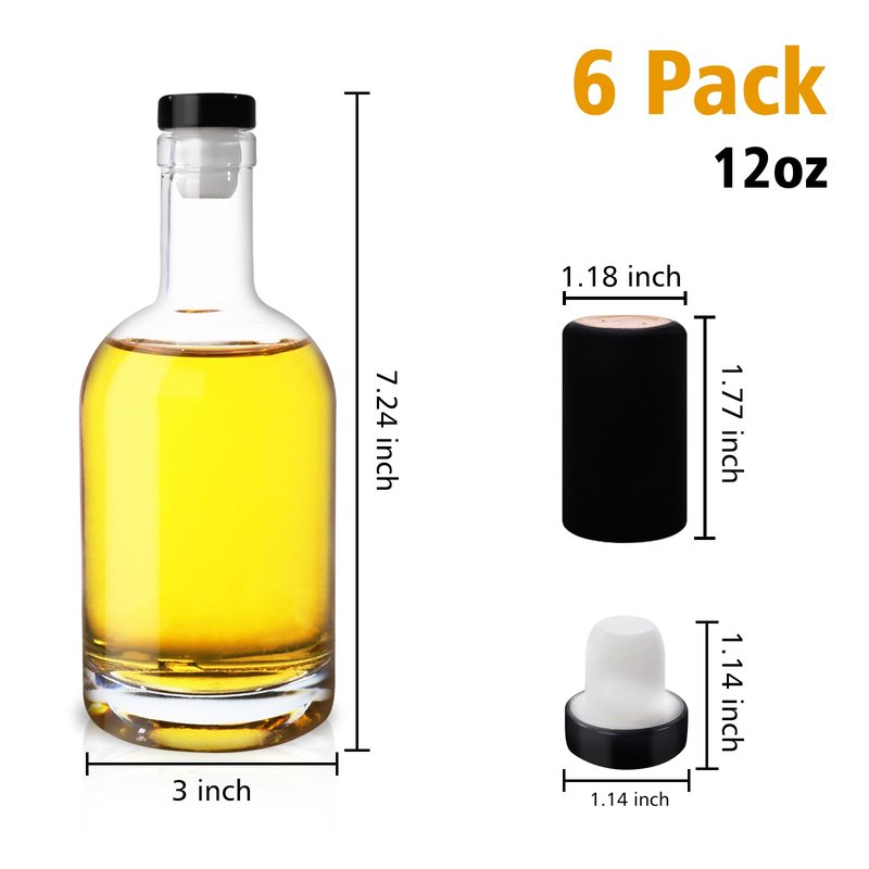 NAWORLI 12 OZ Clear Glass Bottles with Cork, 6 Pack 375 ML Liquor Bottles with T-shaped Stopper Caps and PVC Shrink Capsules, Empty Heavy Base Vodka Bottles for Whiskey, Wine