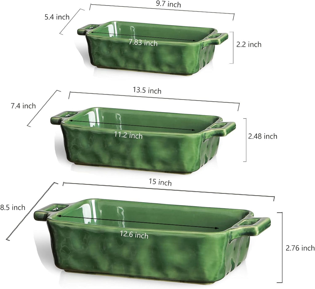 VICRAYS Ceramic Bakeware Set - Porcelain Rectangular Baking Dish for Lasagna & Casseroles | 3 PCS, 15 x 8.5 Inches, Green