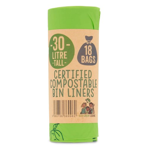 Eco Green Living 30 Litre Compostable Bin Liners, Plastic Free & Recyclable Tall Bin Bags for Food Waste, Leak Resistant Small Bin Liners, 64 x 104 cm, Six Pack (180 Bags)