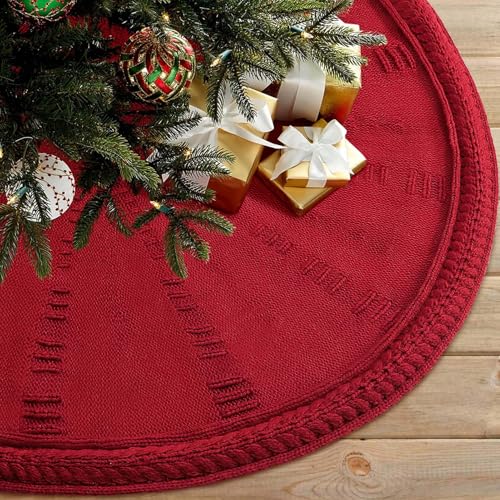 BinSuns Red Christmas Tree Skirt 48 Inch Rustic Knitted Holiday Decor