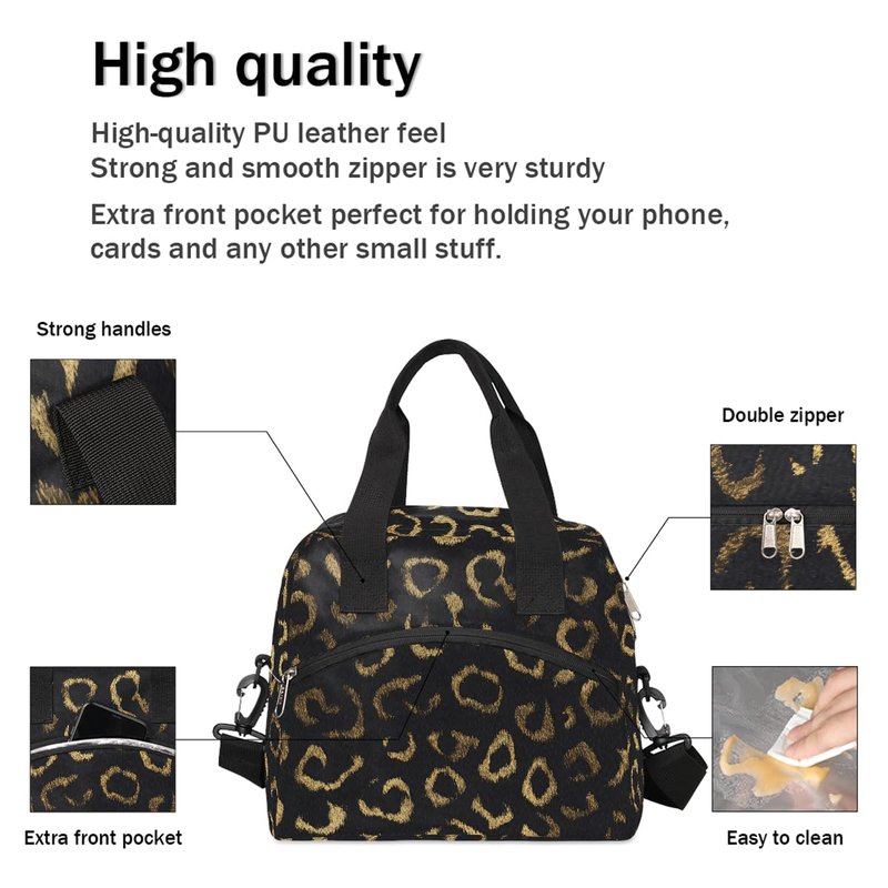 Black Gold Leopard Cheetah Insulated Lunch Bag for Women Men Adult Lunch Tote Bag with Shoulder Strap Reusable Lunch Box Large Containers Thermal Cooler Bag for Work School Picnic Lightweight Handbag