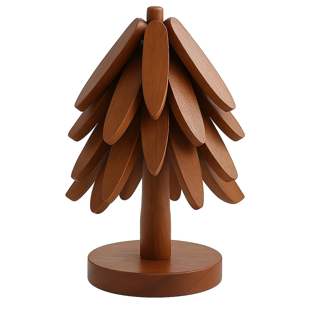 2025 𝗡𝗘𝗪 Premium Set of 4 Foldable Sapele Wood Tree Shape Trivets for Hot Pots & Pans