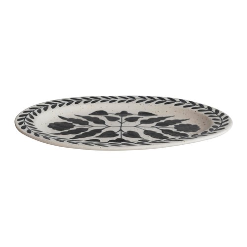 Hand Painted Stoneware Platter with Floral Design, Black and White