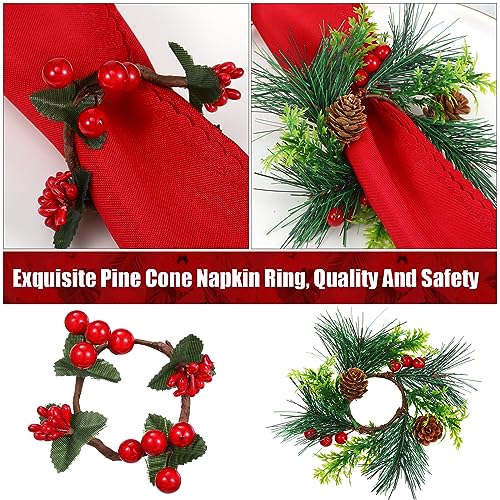 Geiserailie 12 Pcs Christmas Napkin Ring Holders, Wreath Style, Green Red (Green Leaves & Red Fruit)
