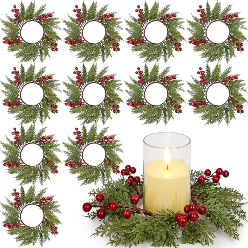 12 Pack Christmas Candle Wreath Rings with Red Berries - 3.7 Inch