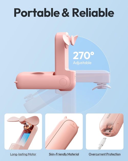 Gaiatop Portable Handheld Fan - 3-in-1 Mini Fan with 17h Max Cooling | USB Rechargeable, Pink Travel Essential
