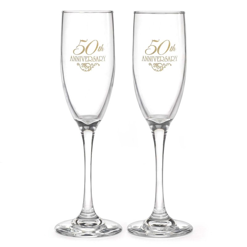 Hortense B. Hewitt 50th Wedding Anniversary Champagne Toasting Flutes, Gold Flourish, Set of 2
