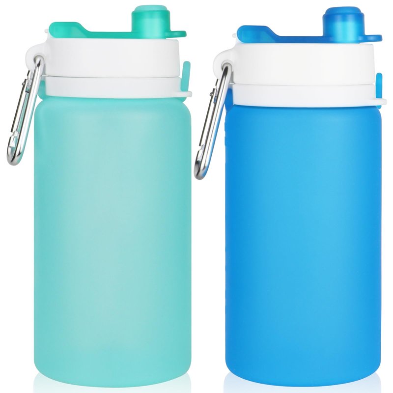PLTCAT 2 Pack Collapsible Water Bottle, 19oz Foldable Bottle BPA Free Reusable Lightweight Leak-Proof Travel Silicone Water Bottle for Travel, Gym, Hiking, Office, Camping（Green and Blue）