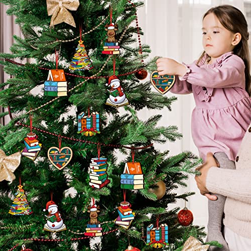 Christmas Wooden Book Ornaments - 24 Pack Holiday Hanging Decorations for Tree & Home