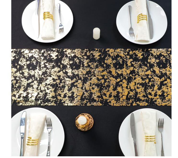 Snowkingdom Black and Gold Table Runner 100 Feet Glitter Golden Metallic Table Centerpieces Foil Runners Party Decorations for Graduation Birthday Retirement Wedding Christmas Halloween Thanksgiving