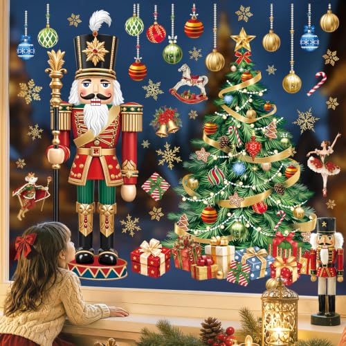 Wondever Nutcracker Christmas Window Clings - 9 Sheets, Static Cling Glass Decals