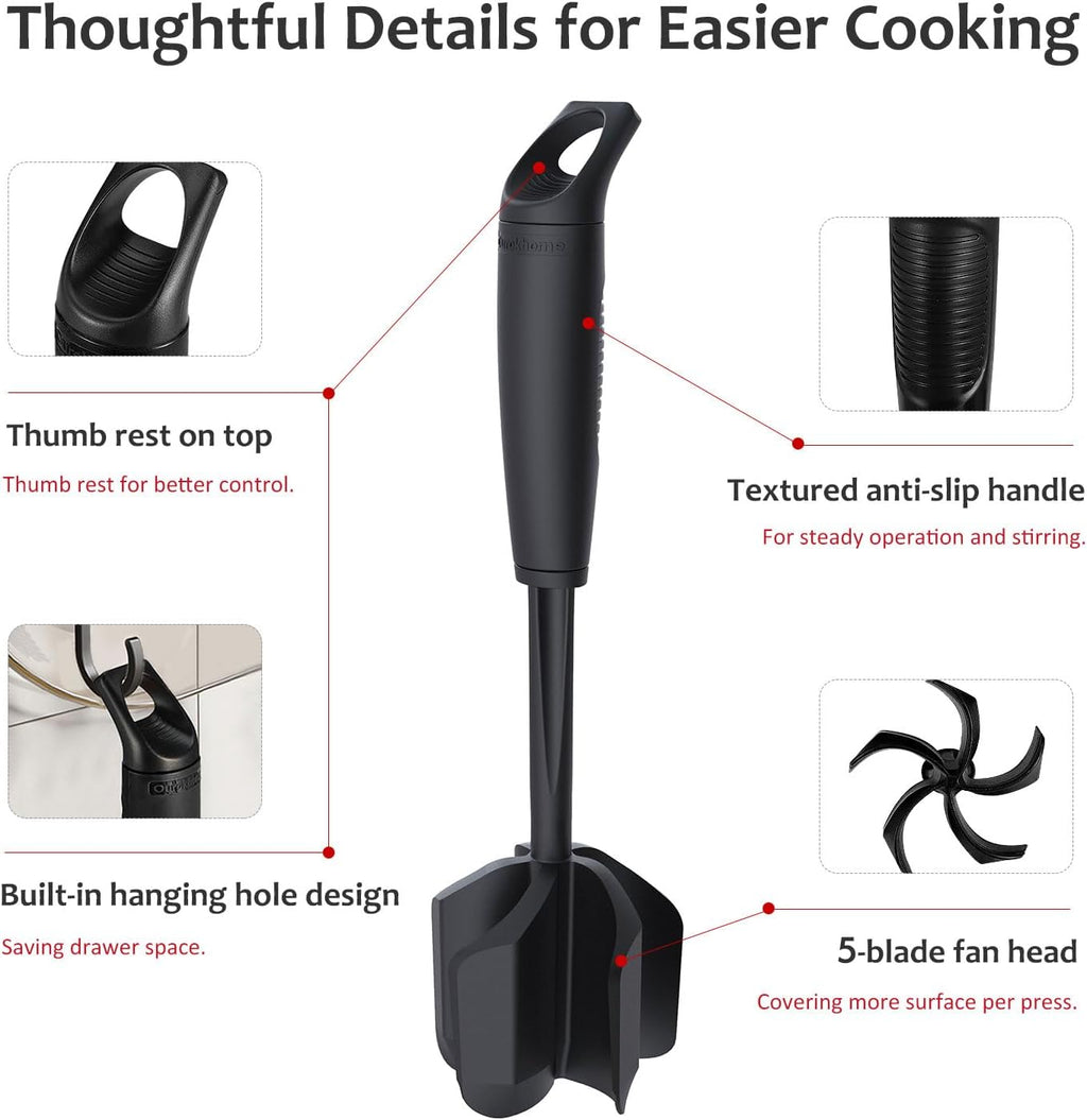 Ourokhome Meat Chopper - Heat Resistant Nylon Potato Masher with 5 Curved Blades | Nonstick Kitchen Tool, Black