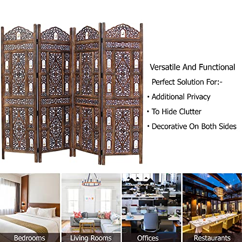 4-Panel Hand Carved Wood Room Divider, 72x80 Inch Folding Privacy Screen