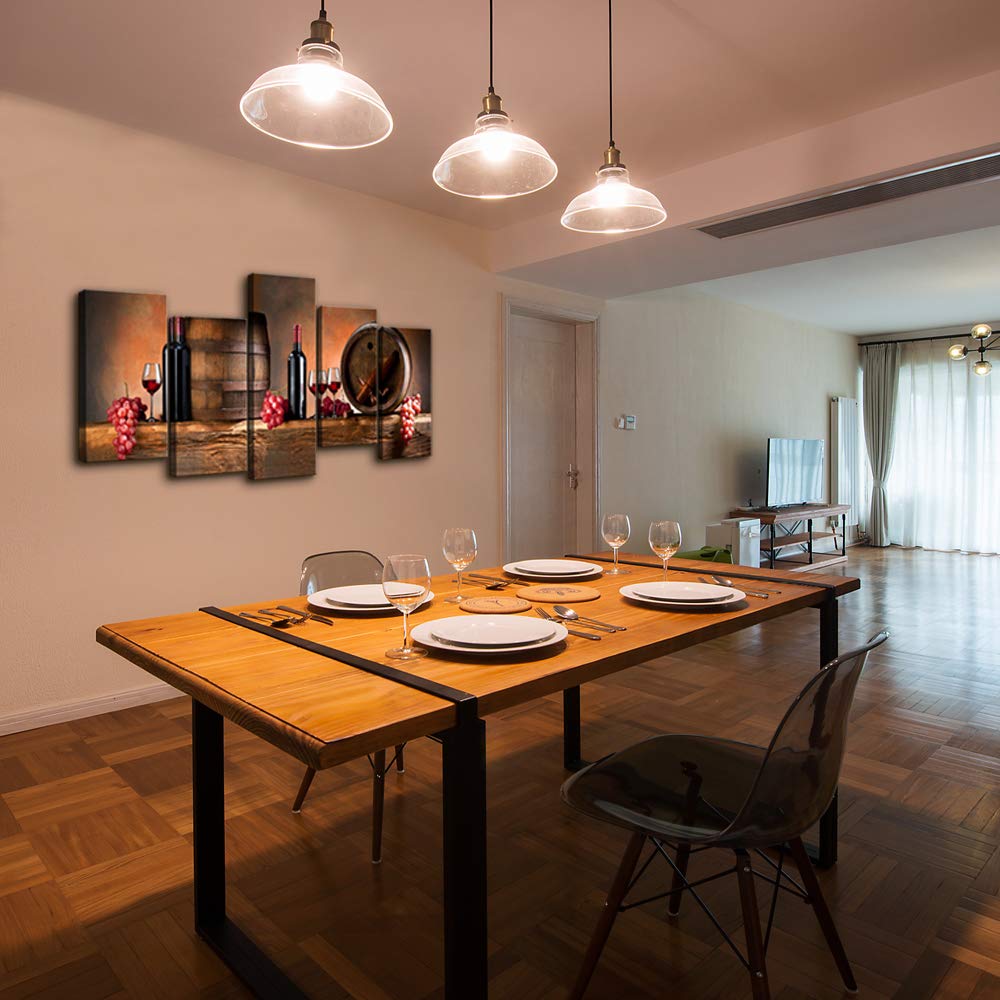 Cao Gen Decor Art-K60527 5 panels Wall Art Fruit Grape Red Wine Glass Painting on Canvas Stretched and Framed Canvas Prints Ready to Hang for Dining Room Art Wall Decor Artwork