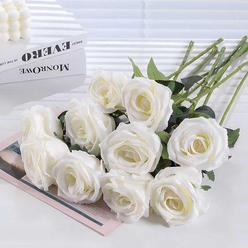 Rowfad 120 Pcs Artificial Roses Bulk Velvet Silk White Roses White Roses for Wedding Centerpieces Bridal Bouquet Mohter's Day Home Decor (120, White)