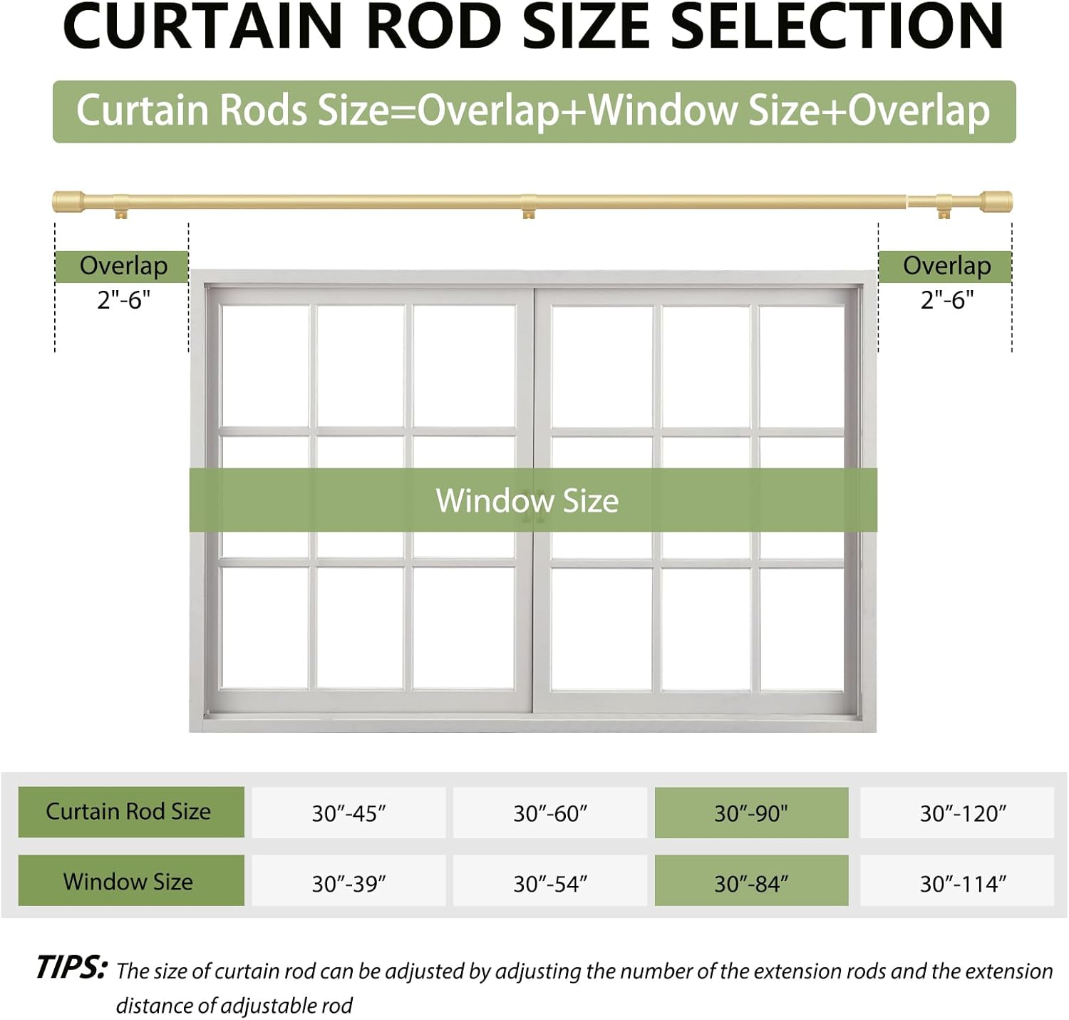 Skiennix Adjustable Gold Curtain Rods - 30-90 Inch for 30-84 Inch Windows | 2 Pack with Brackets