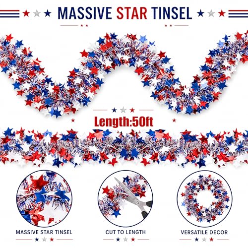 50ft Patriotic Star Tinsel Garland - Red White & Blue July 4th Decor