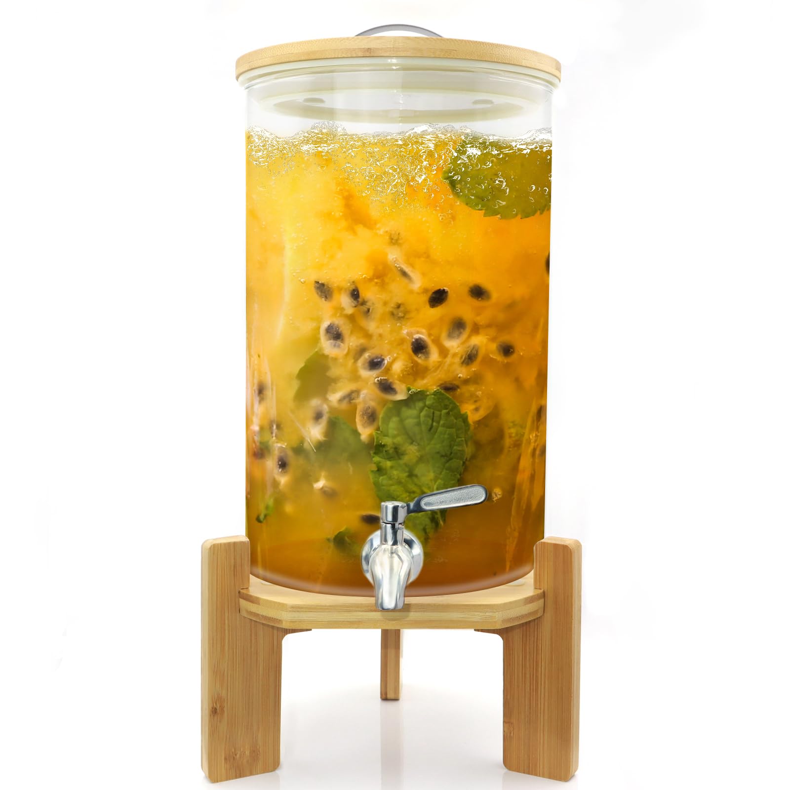 Glass Drink Dispenser with Stand,2.1 Gallons Wood Stand Cold Beverage Dispensers-Large Drink Dispensers For Parties,Bars,Restaurants