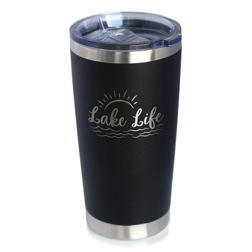 Lake Life - Insulated Coffee Tumbler Cup with Sliding Lid - Stainless Steel Insulated Mug - Cute Outdoor Camping Mug and Lake House Decor - Black