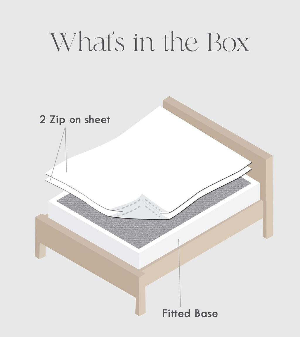 Zip On Fitted Sheet - Soft 600 TC Cotton | Easy Change Queen Size - 18” Deep Pocket - Light Grey