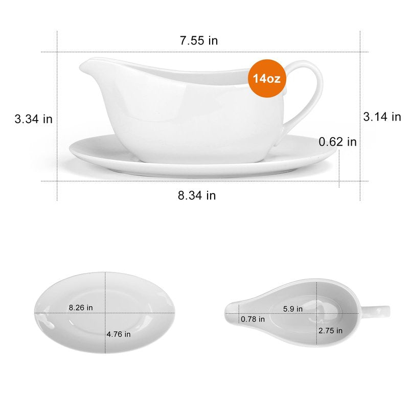 ShineMe Gravy Boat with Saucer, 14oz Porcelain Creamer Pitcher with Handle, White Serving Dishes for Holding Milk, Gravy, Sauce, Coffee Creamer, Salad Dressing...