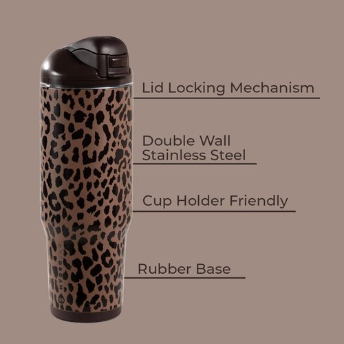 HydroJug 32oz Stainless Steel Water Bottle - Vented Cap, Straw & Chug Lid, Brown Leopard Design
