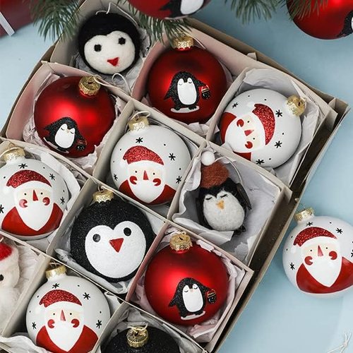 DN DECONATION Black and White Christmas Ornament - Cute Hand-Painted Santa Ball for Tree | Red Glass Xmas Decor