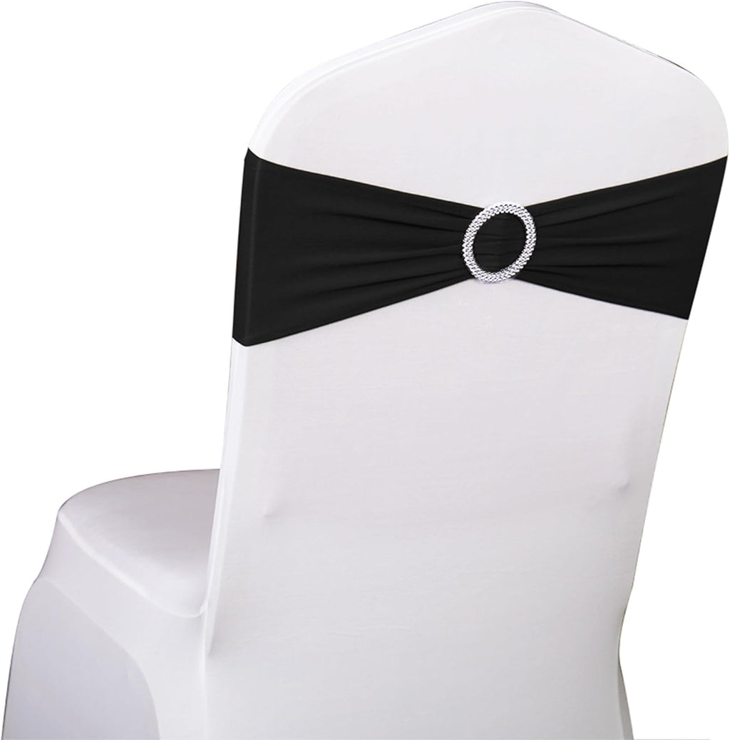 Skiennix 50-Pack Black Spandex Chair Sashes - Elegant Buckle Design for Weddings & Events