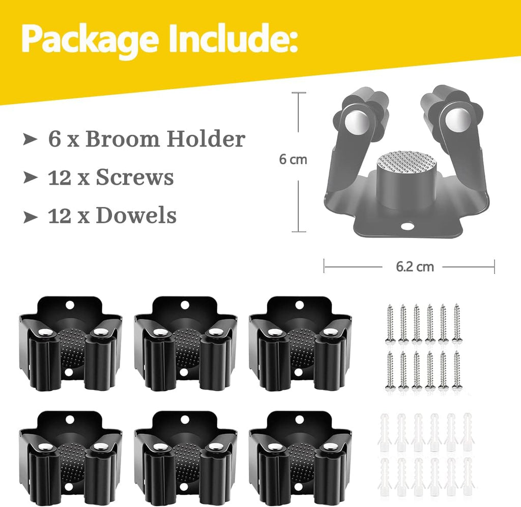 Verdenu Broom Holder - Stainless Steel Command Rack for Home & Garage Storage | 6 Pack, Black
