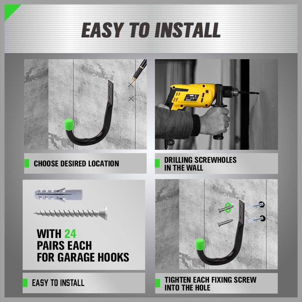 SWANLAKE Heavy Duty Garage Storage Hooks - Durable Wall Organizers | Black (12 Pack)