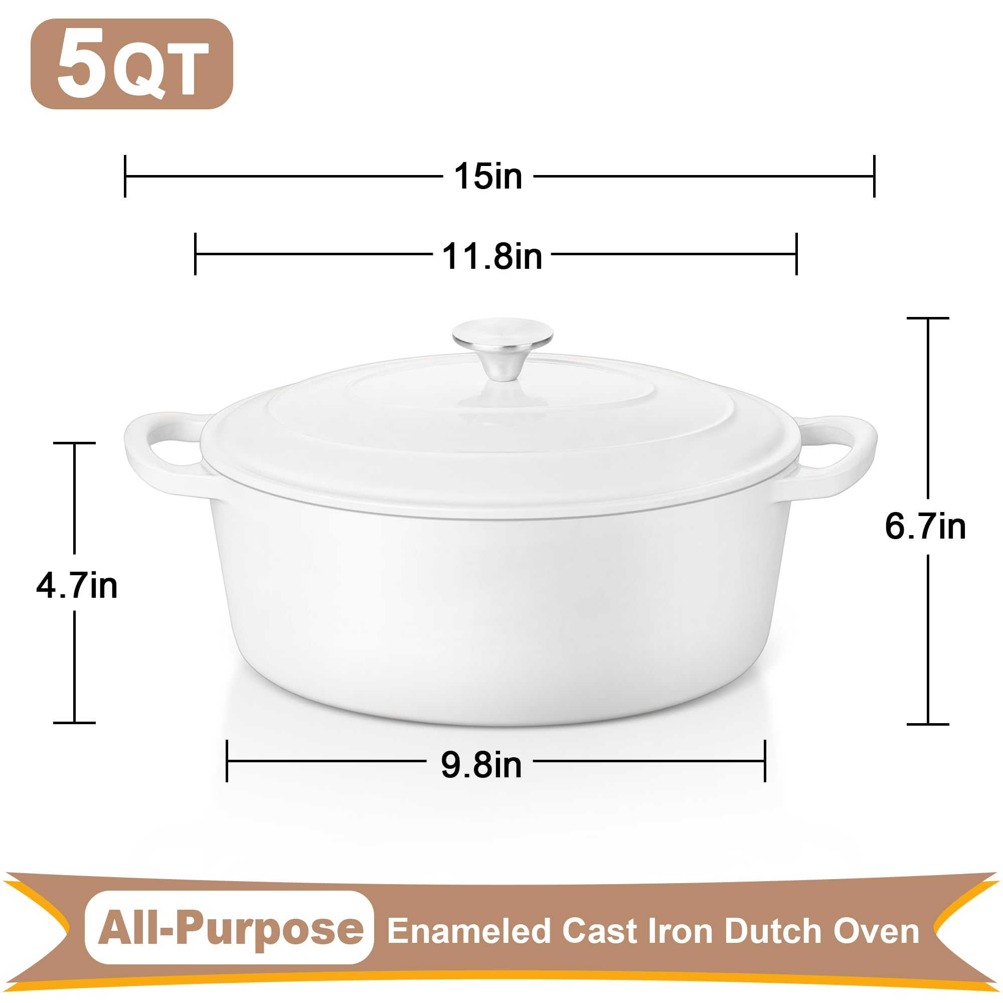E-far 5QT Oval Dutch Oven Pot with Lid, Enameled Cast Iron Dutch Oven with Dual Handles for Sourdough Bread Baking Cooking, Nonstick Enamel Coated Cookware(White), Non-Toxic & Easy Clean