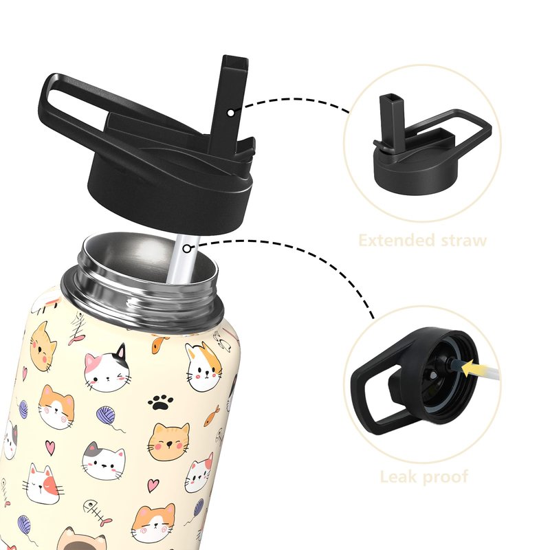 Sabobo 40oz Cats Water Bottles with Flip Straw & Spout Lid, Double Wall Stainless Steel Travel Sport Bottle, Cream Gym Gifts for Women Men (1PC)