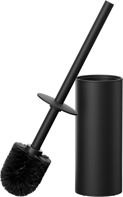 FORIOUS Toilet Brush Set - Heavy Duty 304 Stainless Steel Base with Long Handle & 2 Brush Heads | Black