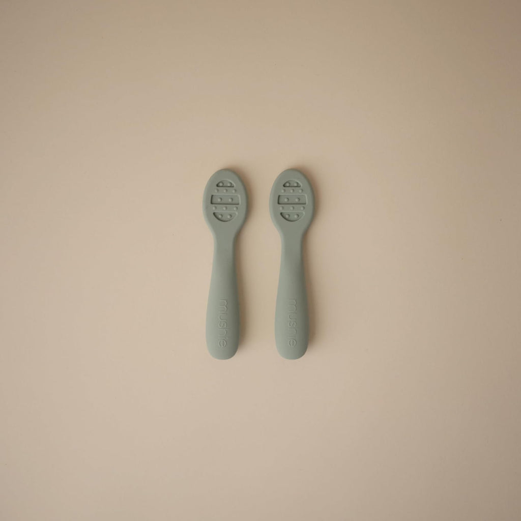 Mushie Silicone Baby Feeding Spoons - 2 Pack in Cambridge Blue & Shifting Sand