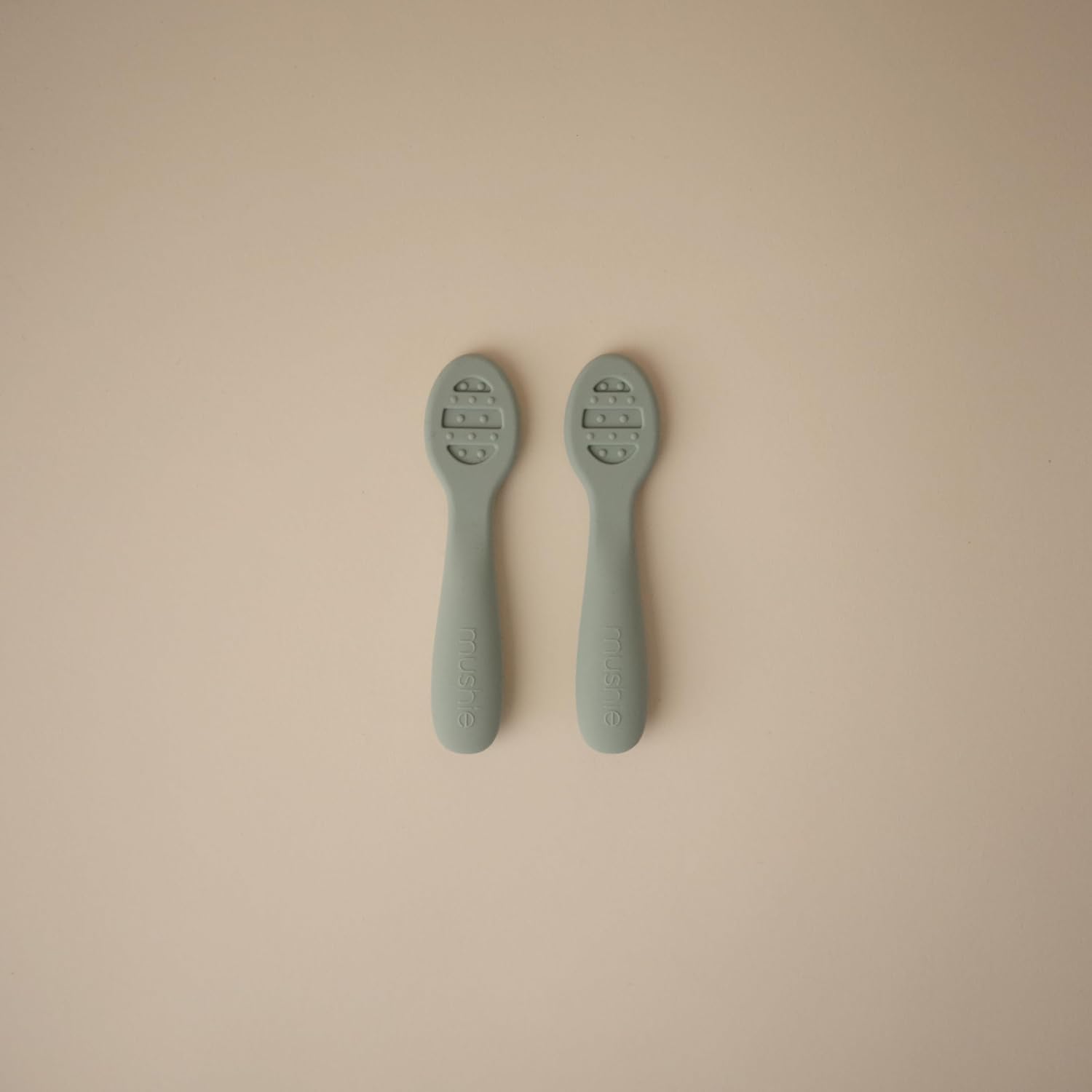 Mushie Silicone Baby Feeding Spoons - 2 Pack in Cambridge Blue & Shifting Sand