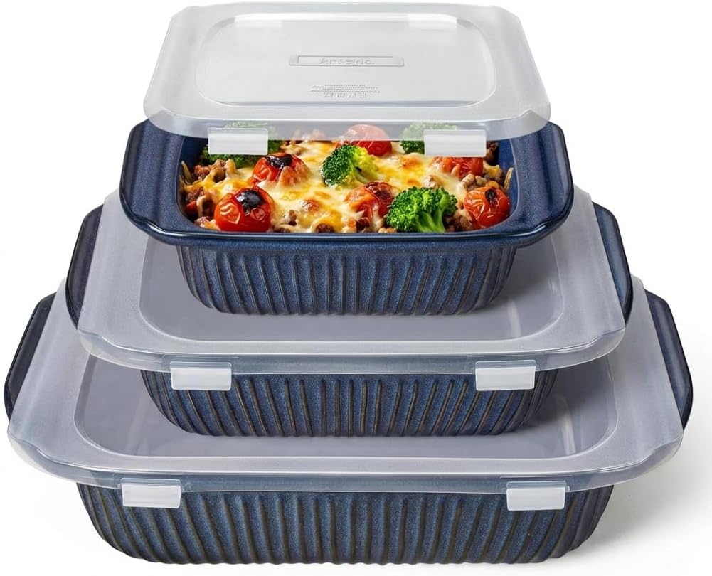 Artena Casserole Dishes - Ceramic Baking Dish Set of 3 | Large Lasagna Pan with Handles (Blue)