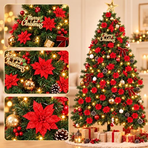Gejoy 36 Pcs Red Poinsettia Flowers 3.54 In for Christmas Tree Decor, Wreaths