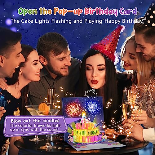 INPHER Blue 3D Pop Up Fireworks Birthday Card with Music & Light - Gifts for Women & Men