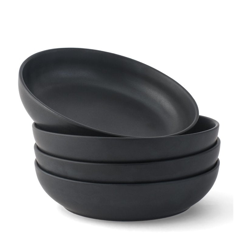 JoyJolt Mesa 40oz Stoneware Serving Bowls, Pasta Bowls Set of 4, Large Salad Pho Soup Bowls for Kitchen, Dishwasher and Microwave Safe Plate Bowls, Aesthetic Kitchen Essentials - Matte Black