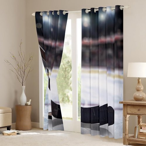 Ice Hockey Curtains for Bedroom Living Room for Girls Kids Sports Game Puck Sports Darkening Drapes Ice Sports Players Room Decorative Curtains Striped Window Treatments (2 Panels,52 x 63 Inch)