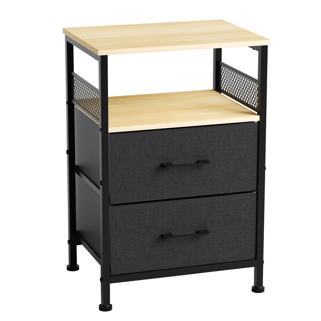 YUJSBHJAN Nightstand with Fabric Drawers, 2-Tier Storage Side Table,End Table with Open Shelf, Night Stand for Living Room, Natural and Black