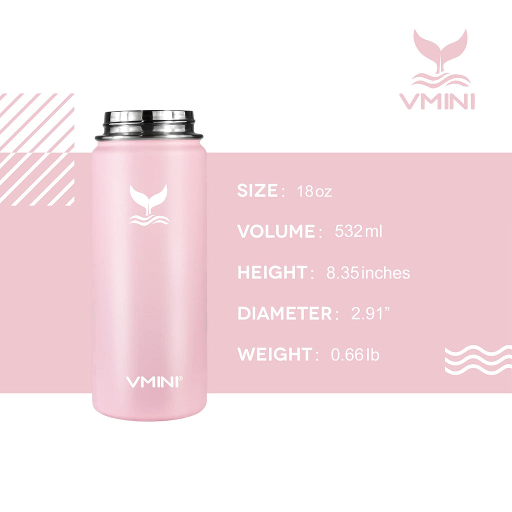 Vmini Water Bottle with Straw, Wide Rotating Handle Straw Lid, Wide Mouth Vacuum Insulated Stainless Steel Water Bottle, Pick, 18 oz